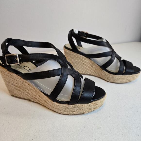 Glo By Jlo Wedges Size 8 Strappy Black NEW W/o Box 3.5" Neutral Cord Heel - Picture 5 of 9